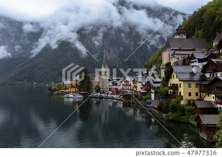 Scenic view of famous Hallstatt mountain village Scenic view of famous Hallstatt mountain village 47977316