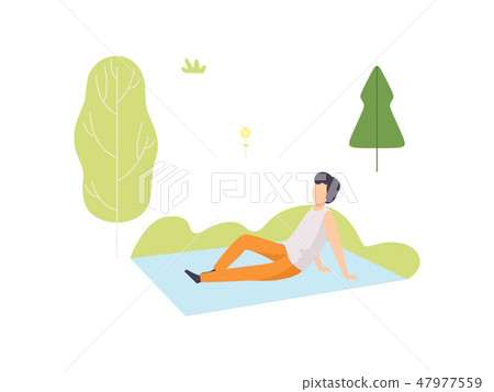 Young Man Sitting on Blanket in Park, Guy Relaxing and Enjoying Nature Outdoors Vector Illustration 47977559