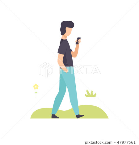 Young Man Walking with Smartphone in Park, Guy Relaxing and Enjoying Nature Outdoors Vector 47977561