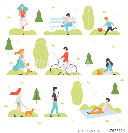 People Walking, Doing Sports, Relaxing in Park, Men and Women Enjoying Nature Outdoors, Leisure 47977614