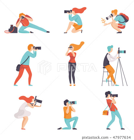 Photographers Taking Photos Using Professional Equipment Set, Men and Women with Cameras Making Photographers Taking Photos Using Professional Equipment Set, Men and Women with Cameras Making 47977634