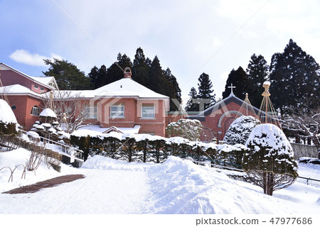 在北海道的北海道冬天,在Kawaramachi拍攝Trapischine修道院的風景 在北海道的北海道冬天,在Kawaramachi拍攝Trapischine修道院的風景 47977686