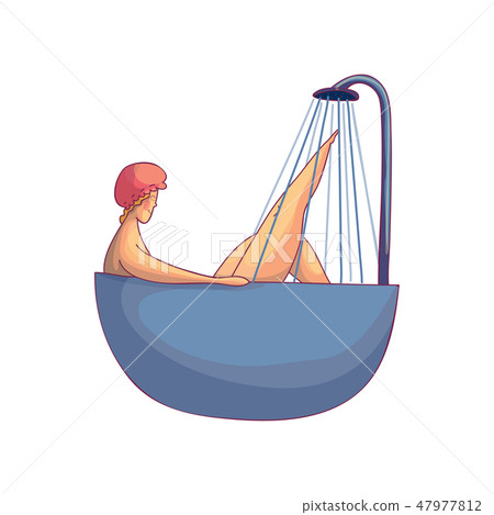 Colorful drawing of cute women taking bath with leg up. Plump smiling girl in shower cap. Hand drawn 47977812