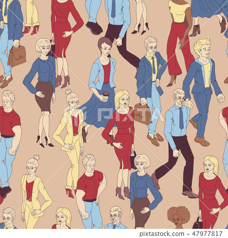 cartoon style illustration with men and woman.