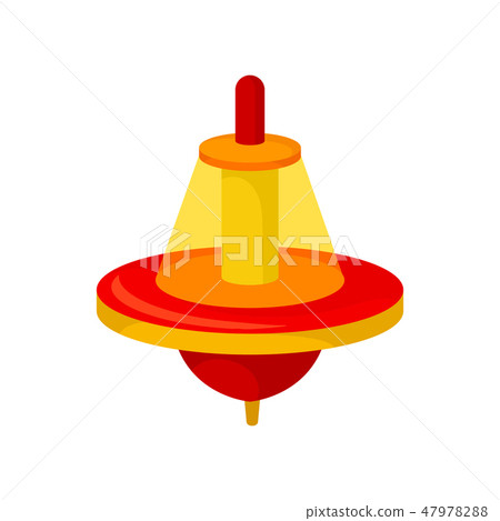 Flat vector icon of red-orange whirligig with plastic transparent dome. Humming top. Children Flat vector icon of red-orange whirligig with plastic transparent dome. Humming top. Children 47978288