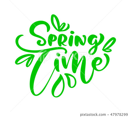 Green Calligraphy lettering phrase Spring Time. Vector Hand Drawn Isolated text. sketch doodle 47978299