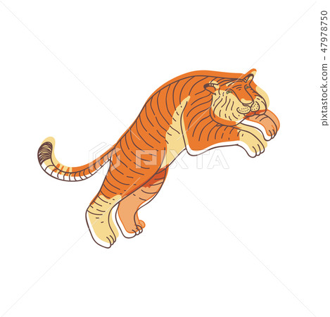 Large tiger in jumping action. Wild animal. Wildlife theme. Lline art with colorful fill. Hand drawn Large tiger in jumping action. Wild animal. Wildlife theme. Lline art with colorful fill. Hand drawn 47978750