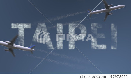 Flying airplanes trails and Taipei caption. Traveling to Taiwan conceptual 3D rendering 47978951