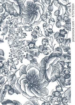 Wild flowers blossom branch seamless pattern.... - Stock Illustration ...