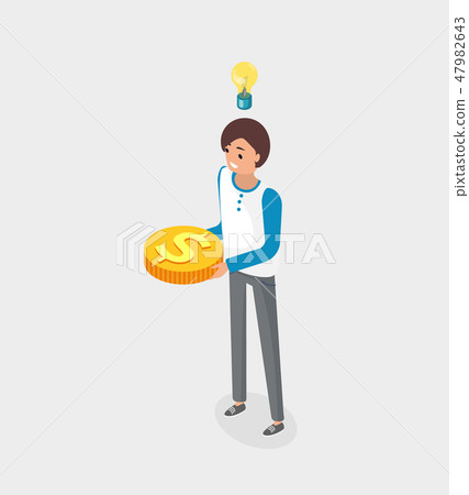 Businesswoman with Golden Coin, Idea Light Bulb Businesswoman with Golden Coin, Idea Light Bulb 47982643