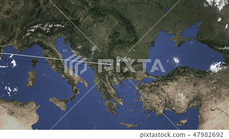 Airplane flying to Sofia, Bulgaria on the map. 3D rendering  47982692
