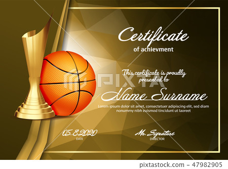 Basketball Certificate Diploma With Golden Cup Vector. Sport Vintage Appreciation. Modern Gift Basketball Certificate Diploma With Golden Cup Vector. Sport Vintage Appreciation. Modern Gift 47982905