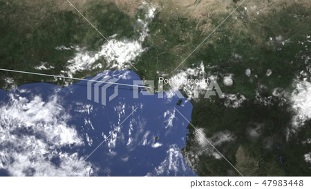 Commercial airplane flying to Port Harcourt, Nigeria. 3D rendering 47983448