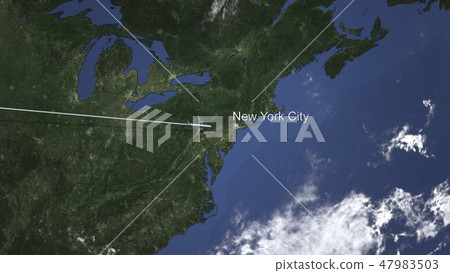 Commercial airplane flying to New York City, United States. 3D rendering 47983503