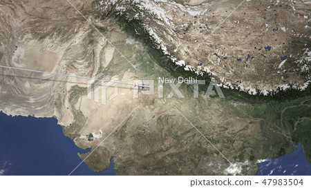 Airplane flying to New Delhi, India from west. 3D rendering 47983504