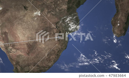 Commercial airplane flying to Maputo, Mozambique. 3D rendering Commercial airplane flying to Maputo, Mozambique. 3D rendering 47983664