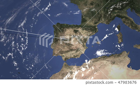 Airplane flying to Madrid, Spain on the map. 3D... - Stock Illustration ...