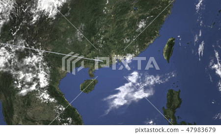 Airplane flying to Macau, China on the map. 3D rendering  47983679