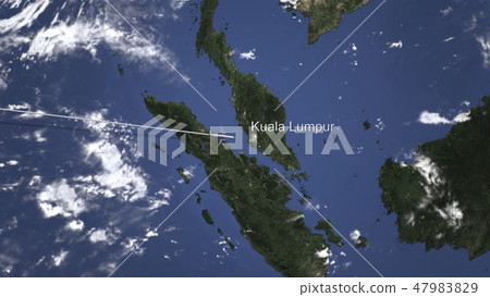 Route of a commercial plane flying to Kuala Lumpur, Malaysia on the map. 3D rendering 47983829