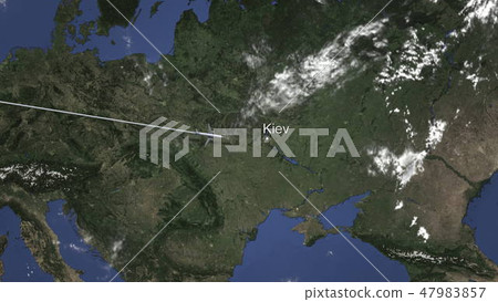 Commercial airplane flying to Kiev, Ukraine. 3D rendering Commercial airplane flying to Kiev, Ukraine. 3D rendering 47983857