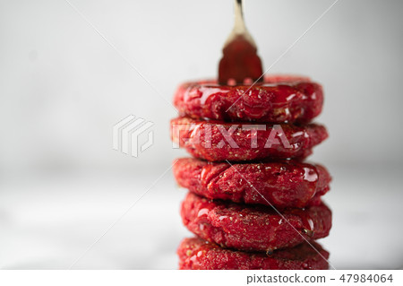 Close up of heesecakes with honey colored in red.Russian traditional breakfast. Food consept.Plate 47984064
