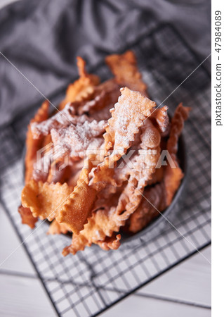 Brushwood - russian traditional cookies with powdered sugar. Food consept. Plate with hvorost on 47984089