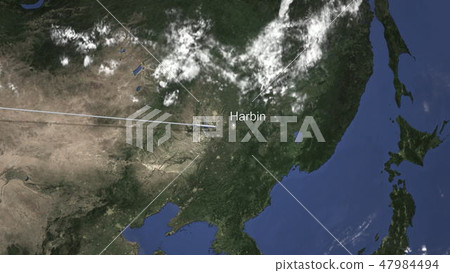 Airplane flying to Harbin, China on the map. 3D rendering Airplane flying to Harbin, China on the map. 3D rendering 47984494