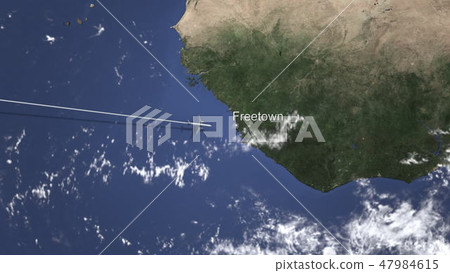 Airliner flying to Freetown, Sierra Leone from west. 3D rendering 47984615