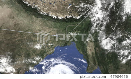 Route of a commercial plane flying to Dhaka, Bangladesh on the map. 3D rendering  47984656