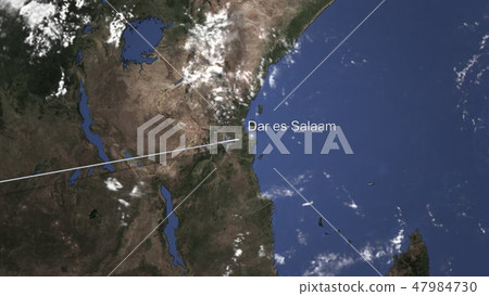 Airliner flying to Dar Es Salaam, Tanzania from west. 3D rendering Airliner flying to Dar Es Salaam, Tanzania from west. 3D rendering 47984730