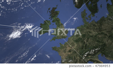 Route of a commercial plane flying to Birmingham, United Kingdom on the map. 3D rendering 47984953