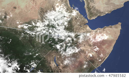 Commercial airplane flying to Addis Ababa, Ethiopia. 3D rendering 47985582