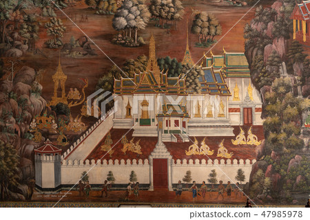 White castle in Wat Phra Kaew mural White castle in Wat Phra Kaew mural 47985978