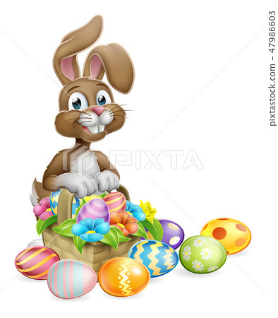 Easter Bunny Rabbit Eggs Hunt Basket Cartoon Stock Illustration