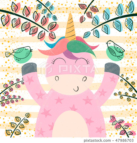 Cute unicorn in the magic forest. Cute unicorn in the magic forest. 47986703