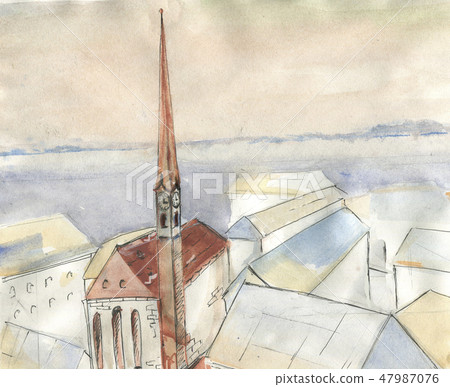 Sketch winter city. Hand drawn watercolor and line Sketch winter city. Hand drawn watercolor and line 47987076