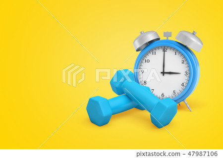 3d rendering of blue alarm clock and blue dumbbells on yellow background 3d rendering of blue alarm clock and blue dumbbells on yellow background 47987106