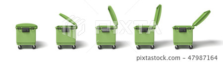 3d rendering of several light-green dumpsters in a row on white background. 47987164