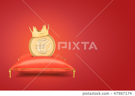 3d rendering of a stylized euro coin wearing a gold crown and standing on a red royal pillow on red 47987174