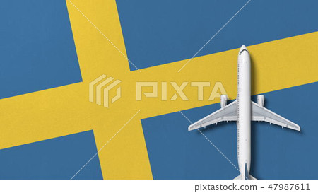 Airplane on the flag of Sweden. Flights related conceptual 3D rendering Airplane on the flag of Sweden. Flights related conceptual 3D rendering 47987611