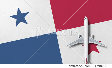Commercial airplane on the flag of Panama. Travel related conceptual 3D rendering 47987663
