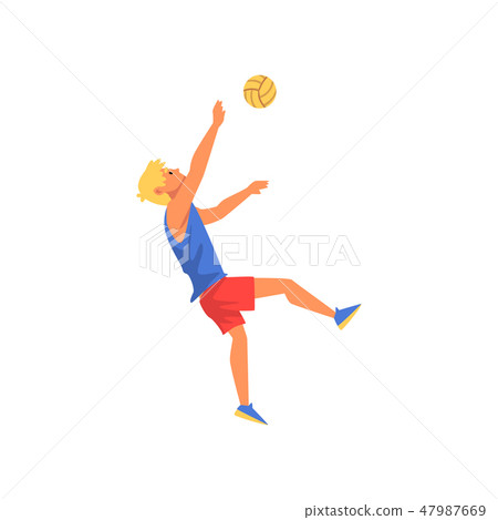 Man Playing Volleyball, Professional Sportsman Character Wearing Sports Uniform Vector Illustration Man Playing Volleyball, Professional Sportsman Character Wearing Sports Uniform Vector Illustration 47987669