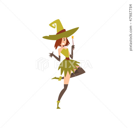 Beautiful Witch with Magic Wand, Charming Witch Character Vector Illustration 47987784