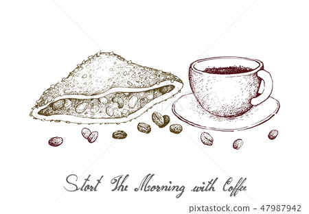 Hand Drawn of Hot Coffee with Crispy Sandwich Hand Drawn of Hot Coffee with Crispy Sandwich 47987942