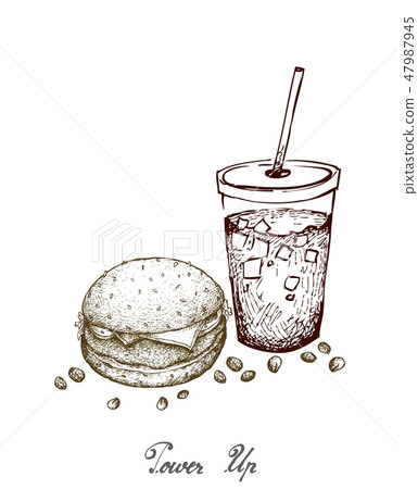 Hand Drawn of Pork Burger and Iced Coffee Hand Drawn of Pork Burger and Iced Coffee 47987945