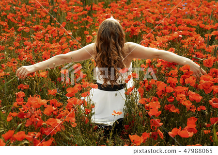 Beautiful young woman in poppy field with flying hair Beautiful young woman in poppy field with flying hair 47988065