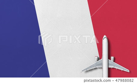 Top-down view of the airplane on the flag of France. Tourism related conceptual 3D rendering Top-down view of the airplane on the flag of France. Tourism related conceptual 3D rendering 47988082