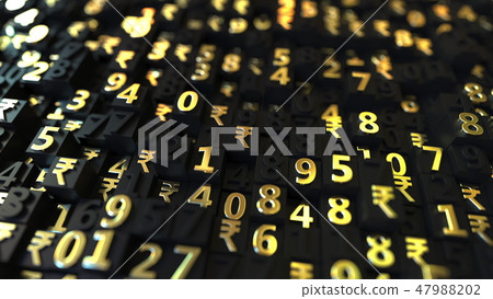 Gold Indian Rupee INR symbols and numbers on black plates, 3D rendering 47988202