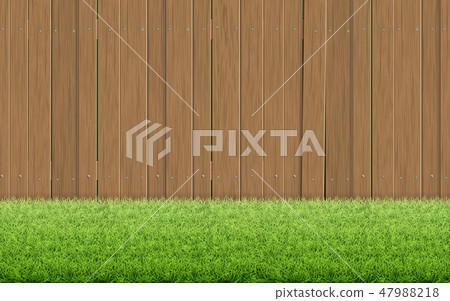 Grass lawn and brown wooden fence. Spring background. Grass lawn and brown wooden fence. Spring background. 47988218