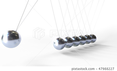 Swinging metal spheres of Newton's cradle. Physics related 3D rendering Swinging metal spheres of Newton's cradle. Physics related 3D rendering 47988227